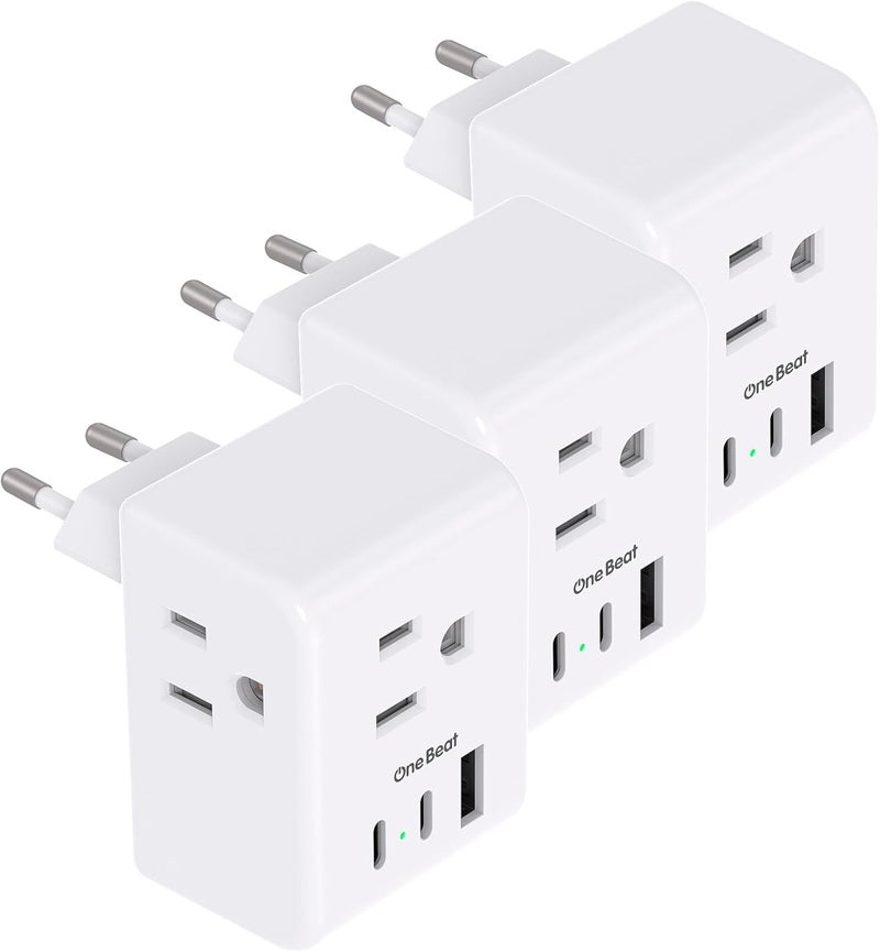 One Beat 3 Pack European Travel Plug Adapter, International Power Plug Adapter with 3 Outlets 3 USB Ports(2 USB C), Type C Adapter Travel Essentials for US to Most Europe EU Italy France Germany Spain - Image 1